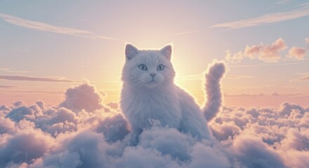 Fluffy white cat sitting on clouds at sunset.