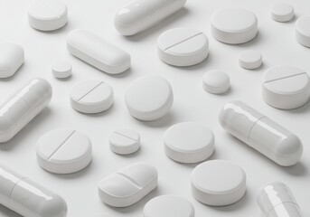 A sterile array of white pills and capsules a clinical study of medication showcasing various shapes and sizes against a clean white