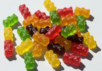 A colorful pile of gummy bears a sweet treat perfect for kids and adults alike bathed in bright sunlight on a white background