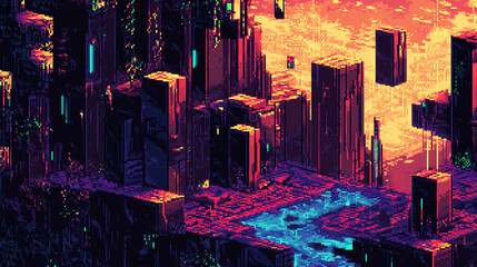 Obraz premium Pixel Art Cityscape Futuristic Style with River and Sunset Sky