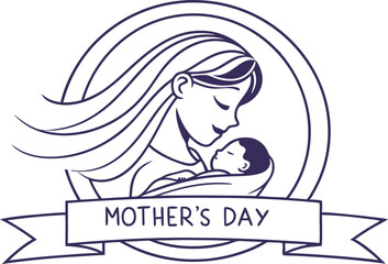 Mother's Day Icon in Minimal Line Art Style. Elegant Mother's Day Logo Design with Baby. Modern Line Art Mother's Day Graphic. Minimalist Mother's Day Embrace Illustration