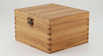 A close up shot of a wooden box with a metal latch on a white surface in a studio environment