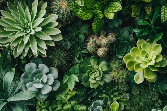 A close up of a variety of green plants, including cacti and succulents. Concept of abundance and diversity in the plant life