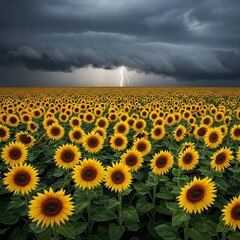 Obraz premium &nbsp;Swirling clouds above sunflower fields, thunder rumbling, beauty blooming beneath sky heavy with storm’s promise.