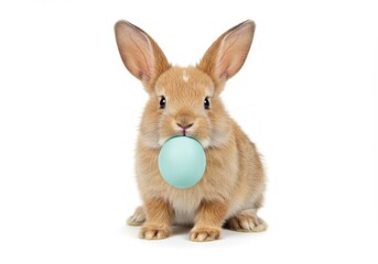 Adorable fluffy bunny rabbit holding a pastel blue Easter egg against a pure white background a symbol of spring and new beginnings
