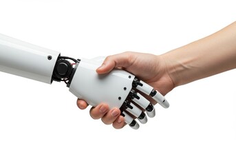 Human and robot handshake signifying future collaboration technological advancement clean white background isolated robotic hand