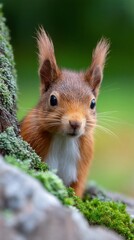 Red squirrel peeking out from behind a rock