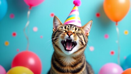 Festive Cat with Party Hat and Balloons