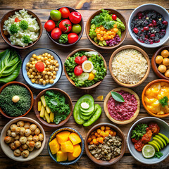 bowls with tasty and nutritious food top view