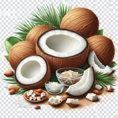 Coconut pieces isolated on transparent on white background.