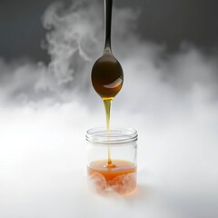 Honey dripping from a spoon into a container on a white background, low angle perspective,  with generative ai
