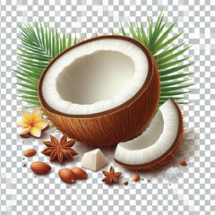 Coconut pieces isolated on transparent on white background.