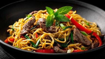 A close up shot of a bowl of beef lo mein with red peppers and green onions on a black background