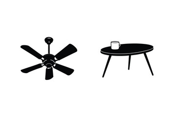 Minimalist Vector Illustration Of Ceiling Fan And Table With Coffee Cup