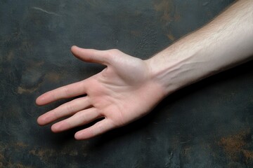 A close-up of an outstretched human hand against a textured dark background
