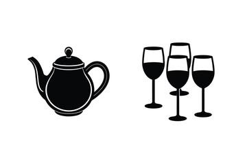 Black And White Teapot With Wine Glasses Vector Illustration Graphic Design