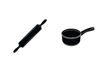Rolling Pin And Sauce Pan Minimalist Black And White Kitchen Utensils Illustration