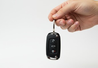 A hand holding a black car key with a silver ring against a plain white background in a studio shot