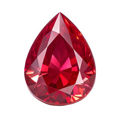 A macro image of a pear-shaped ruby, tilted slightly, showcasing its deep red color and the intricate facets reflecting light.