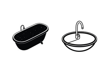 Minimalist Bathroom Fixtures Bathtub With Stars And Sink Line Art Illustration