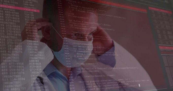 Medical professional adjusting surgical mask in health tech lab, showing code overlay floating