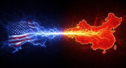 Illustration shows the United States and China maps with their respective flags, connected by a powerful energy flow, symbolizing geopolitical influence and interaction.