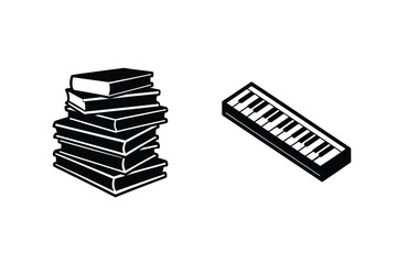 Books Stacked And Piano Keyboard Vector Illustration Graphic In Black And White