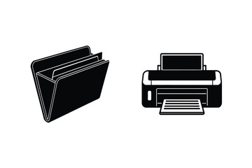 Office Essentials Black And White Vector Illustration Of A Folder And A Printer