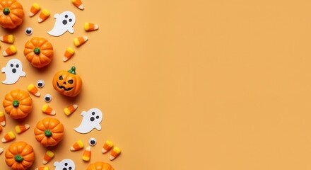 Obraz premium Overhead shot of pumpkins, candy corn, and ghost cutouts arranged on a yellow background. Halloween themed flat lay with copy space for seasonal promotions and designs.