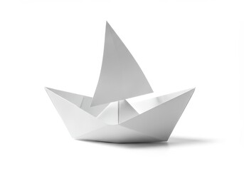 A simple white paper boat with a sail on a white background casting a soft shadow on the surface below