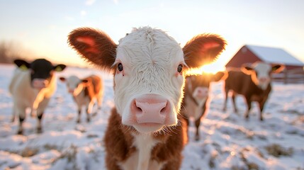 Calf in winter sunset