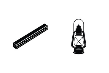 Black Silhouette Icons Of Train And Lantern Isolated On White Background