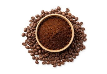 Naklejka premium Coffee beans scattered around a bowl filled with ground coffee on a white background surface view