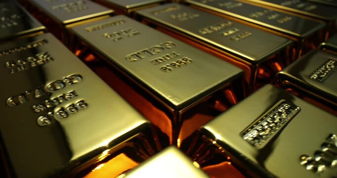 Gold bars lie in perfectly straight rows in secure vault of bank. Gleaming gold bars with SIC Marking rest in precise alignment in designated place