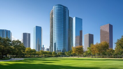 Obraz premium Urban Oasis: Modern Skyscrapers and Lush Green Park