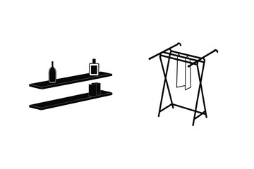 Silhouette Of Minimalist Shelves And Clothing Rack For Interior Design Concepts