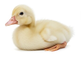 Fototapeta premium A fluffy yellow duckling sitting down on a white surface looking cute and adorable in a close up shot