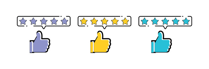 Thumbs Up and Five Star Rating Icons Set – Customer Feedback, User Review, Quality Score Symbols for Web and App Interface Design