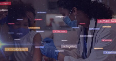child receiving syringe injection in clinic while mother hugging child, with floating UI labels