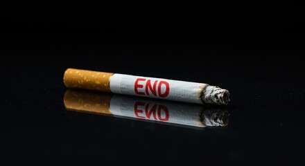 Obraz premium Close up of a lit cigarette with the word END in red on its side, symbolizing quitting smoking and the health risks associated with tobacco use on a reflective surface.