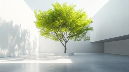 Modern minimalist interior with a single vibrant tree