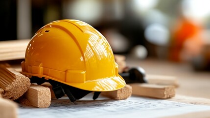 Yellow hard hat safety construction industrial worksite closeup