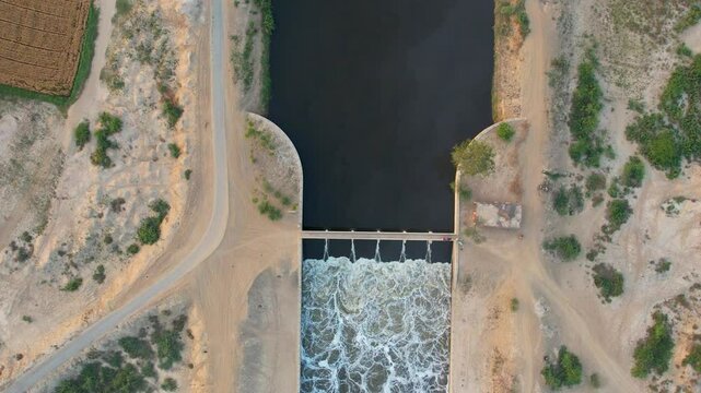 Top-down aerial of Sutlej River outfall structure near Chak Dera along India&ndash;Pakistan border