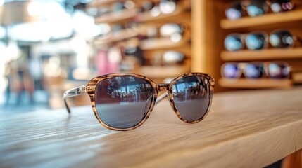 Pair of sunglasses on store counter, isolated