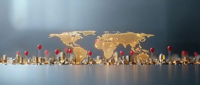 A map hovers over a miniature city. Red pins mark locations in golden skyline reflecting below