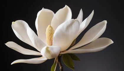 Fototapeta premium Elegant Magnolia Blossom Close Up Pure White Petals against Dark Background