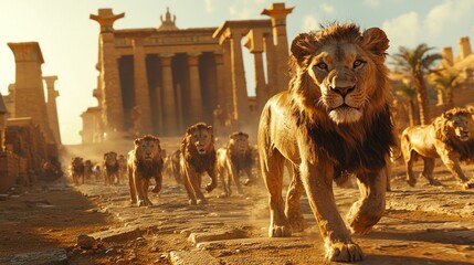 Naklejka premium Majestic Lions March Towards Ancient City