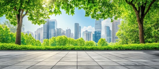 fresh cityscape view from an urban park with lush green trees and bright sunshine shining above providing a serene and tranquil atmosphere of nature harmony in the city