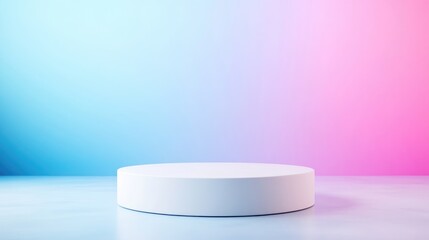 Empty white pedestal against a vibrant backdrop of soft blue and pink gradients.  A simple, clean display platform