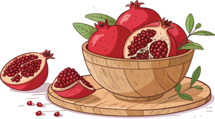 Pomegranate Illustration vector design, Pomegranates in wooden bowl with Pomegranate Slice on table in white background
